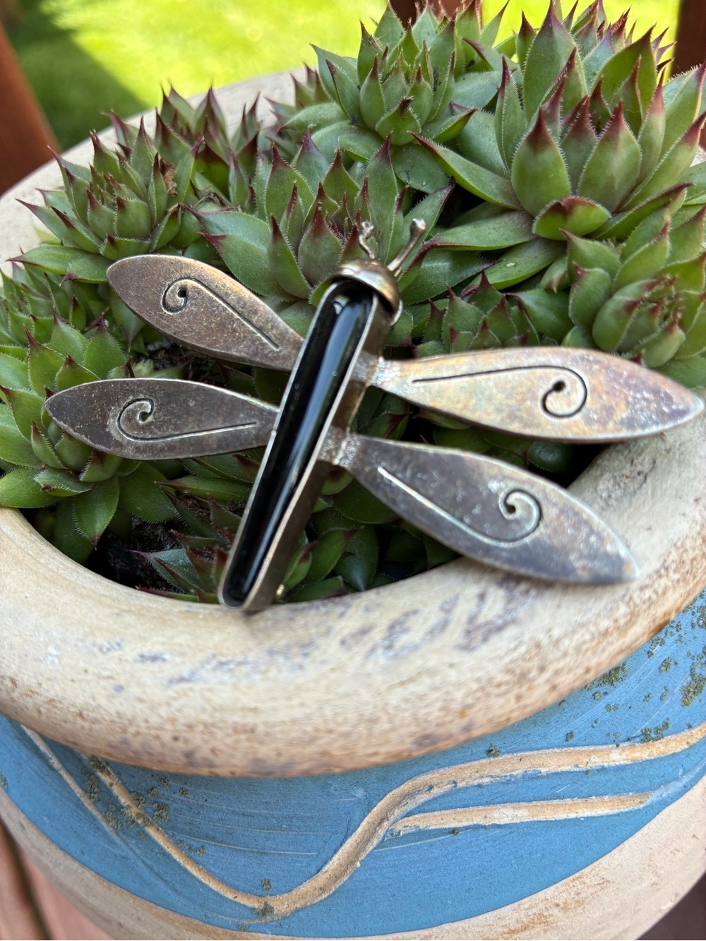 Sterling Dragonfly Brooch with Black Onyx Accent